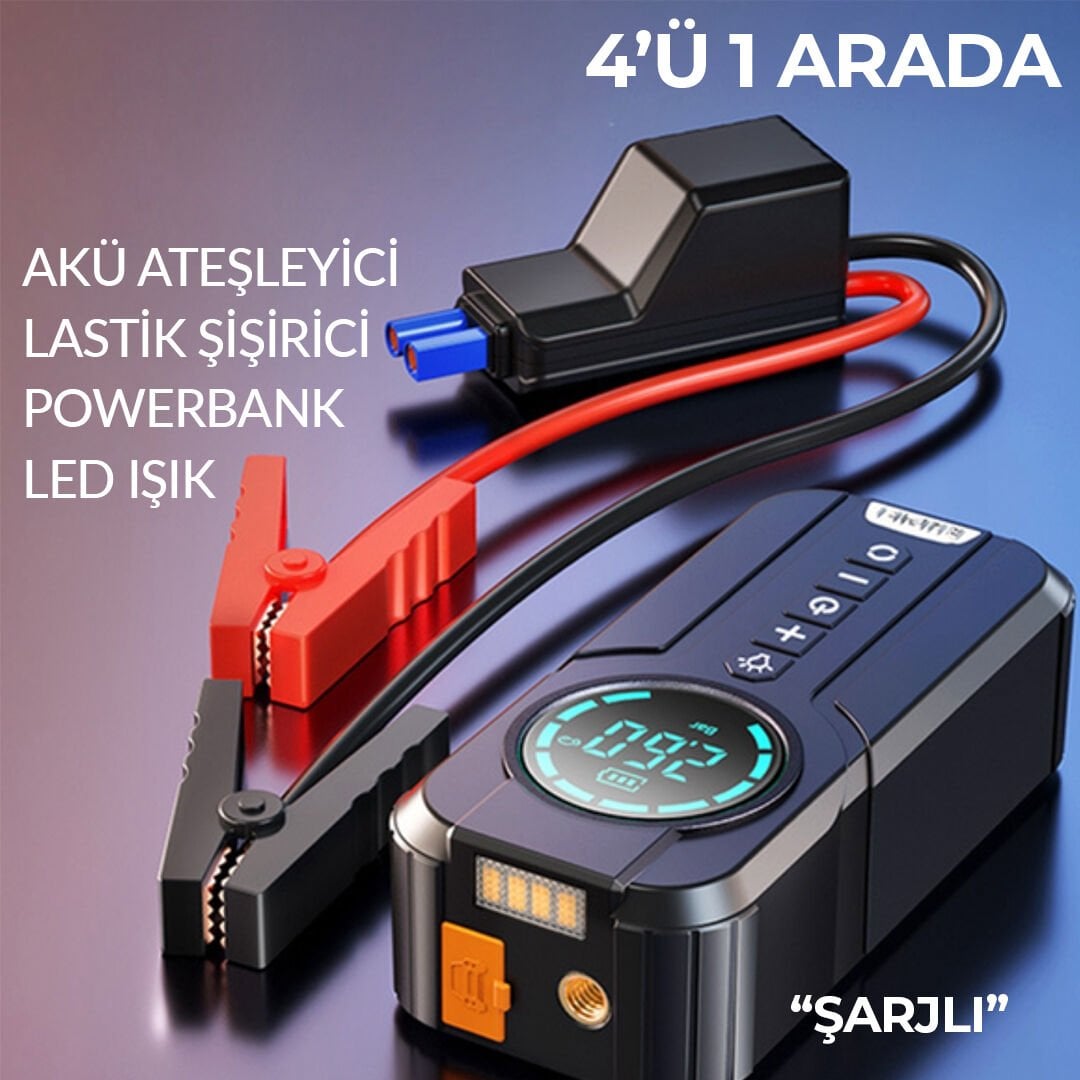 Akü Takviye Araba Lastik Şişirici Akü Ateşleyici Powerbank Led Işık